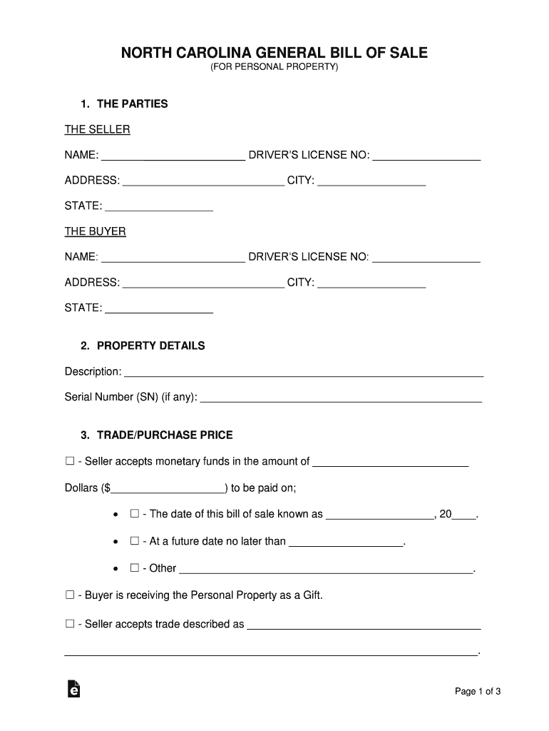 North Carolina General Bill of Sale  Form