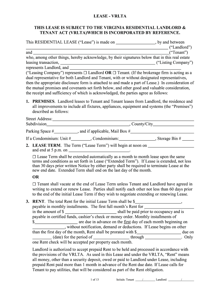 Virginia Residential Landlord Tenant Act  Form