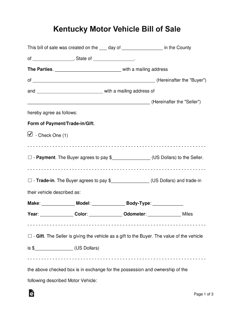 Kentucky Motor Vehicle Bill of Sale Form WordPDF