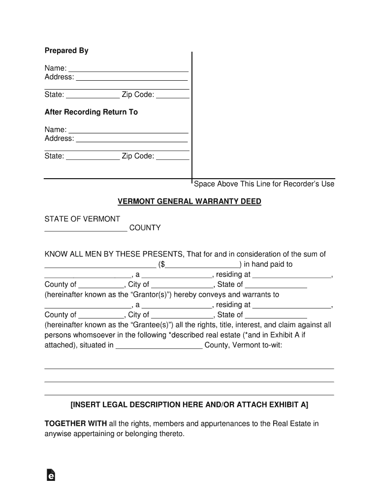 Vermont General Warranty Deed Form
