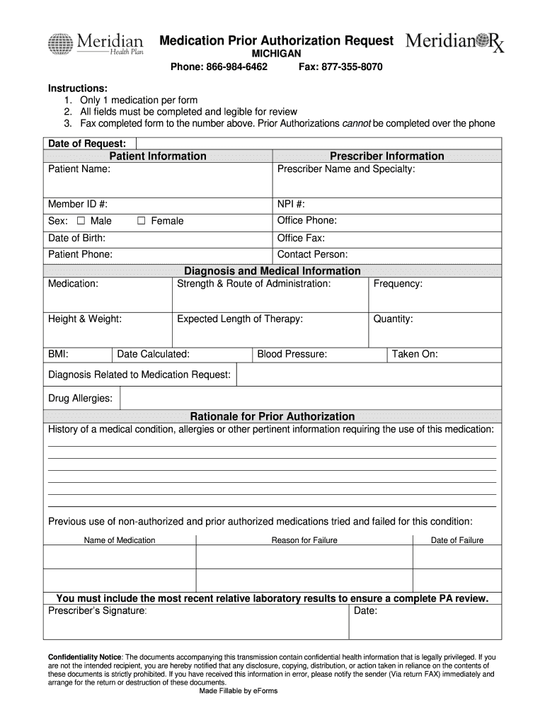 Medication Prior Authorization Request Meridian Health Plan  Form