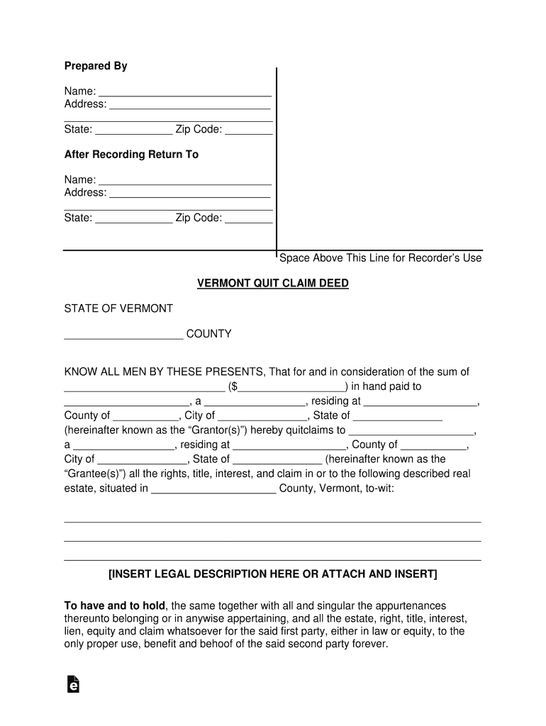 Vermont Quit Claim Deed Form