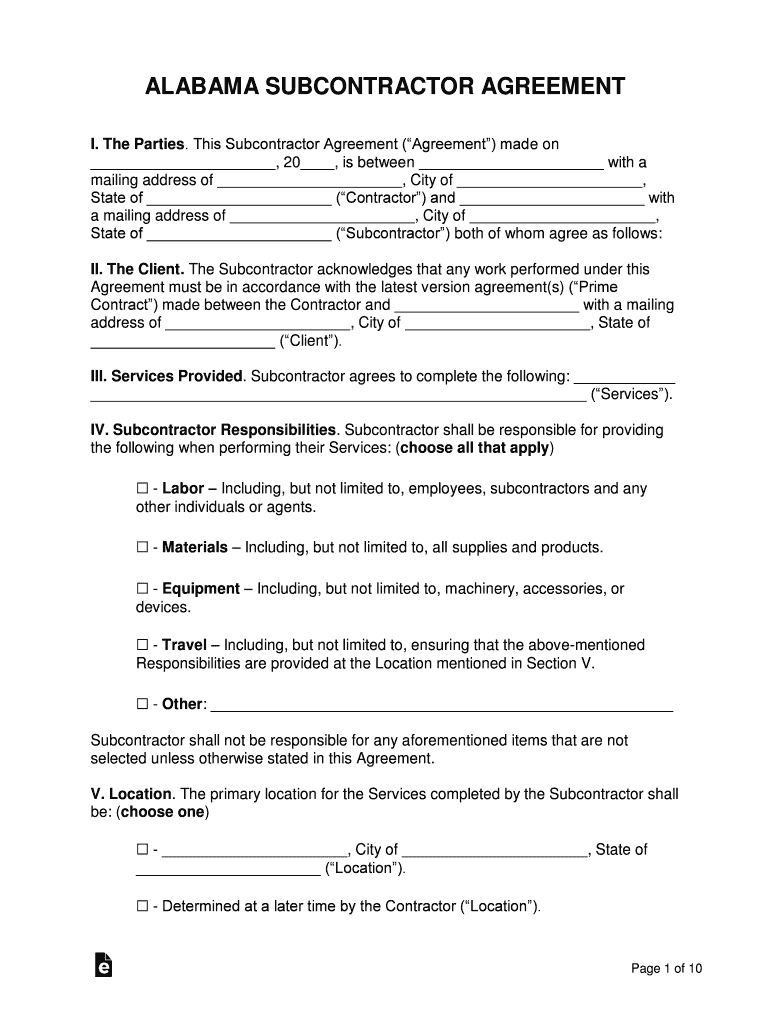 Alabama Subcontractor Agreement Template  Form