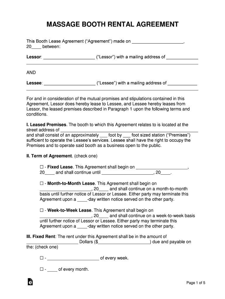Massage Therapist Booth Rental Agreement Word  Form