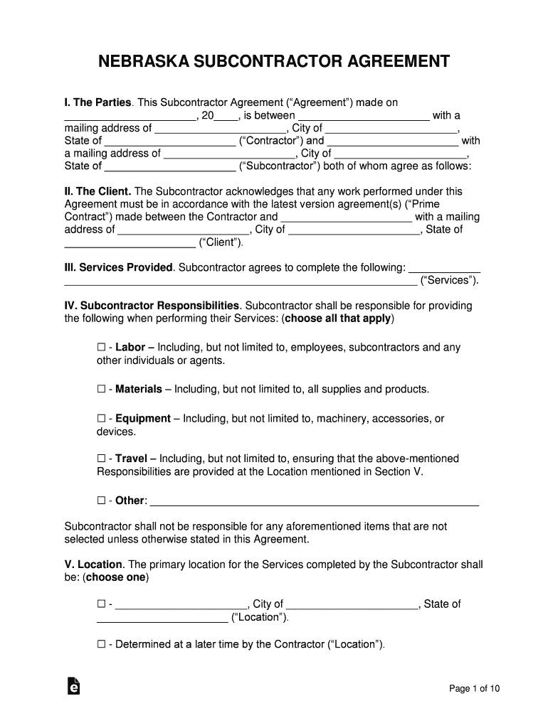 Nebraska Subcontractor Agreement Template  Form