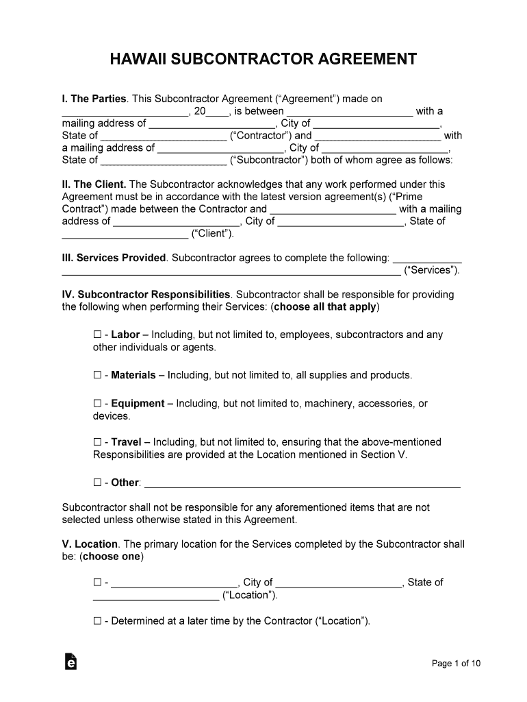 Hawaii Subcontractor Agreement Template  Form