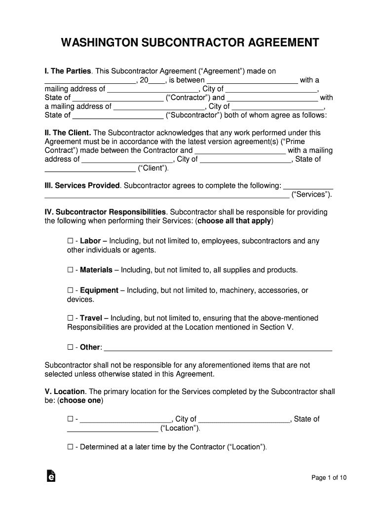 Washington Subcontractor Agreement Template  Form