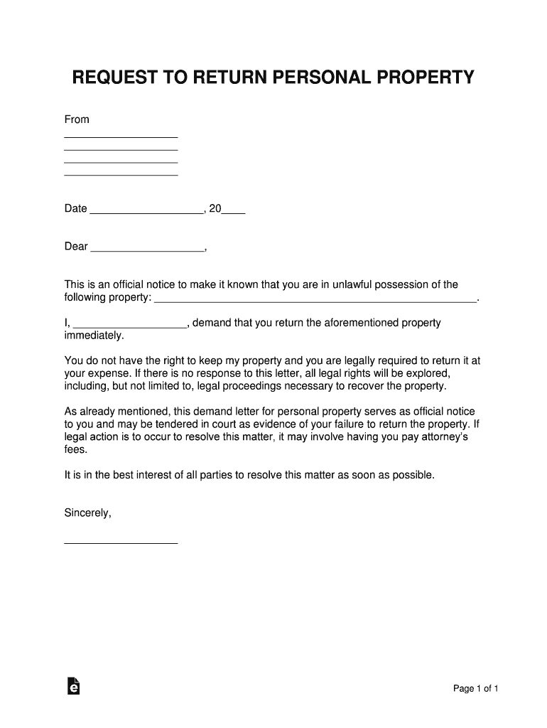 Return of Personal Property Letter Template  Form