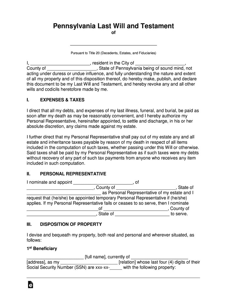 Pennsylvania Last Will and Testament Template PDF  Form
