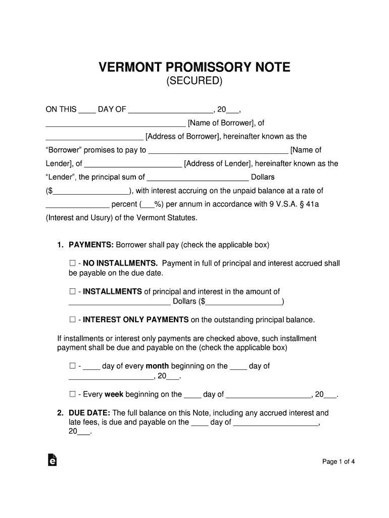 Vermont Promissory Note Templates PDF &amp;amp; DOCX  Form