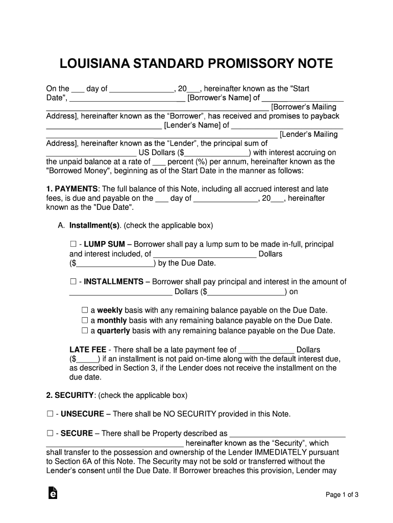 Louisiana Standard Promissory Note Template  Form