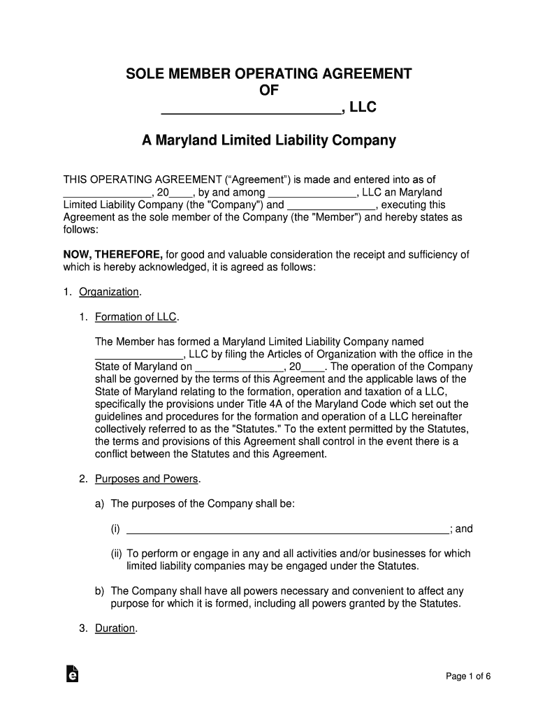 Maryland Operating Agreement Template  Form