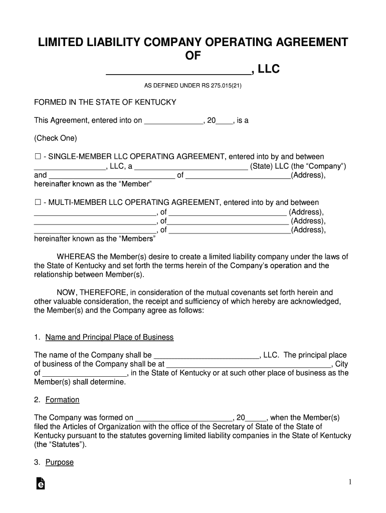Kentucky LLC Operating Agreement Templates PDF  Form