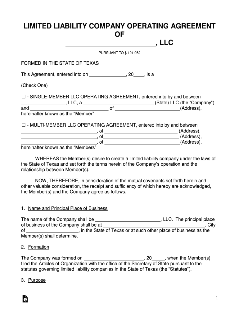 Texas LLC Operating Agreement Template  Form