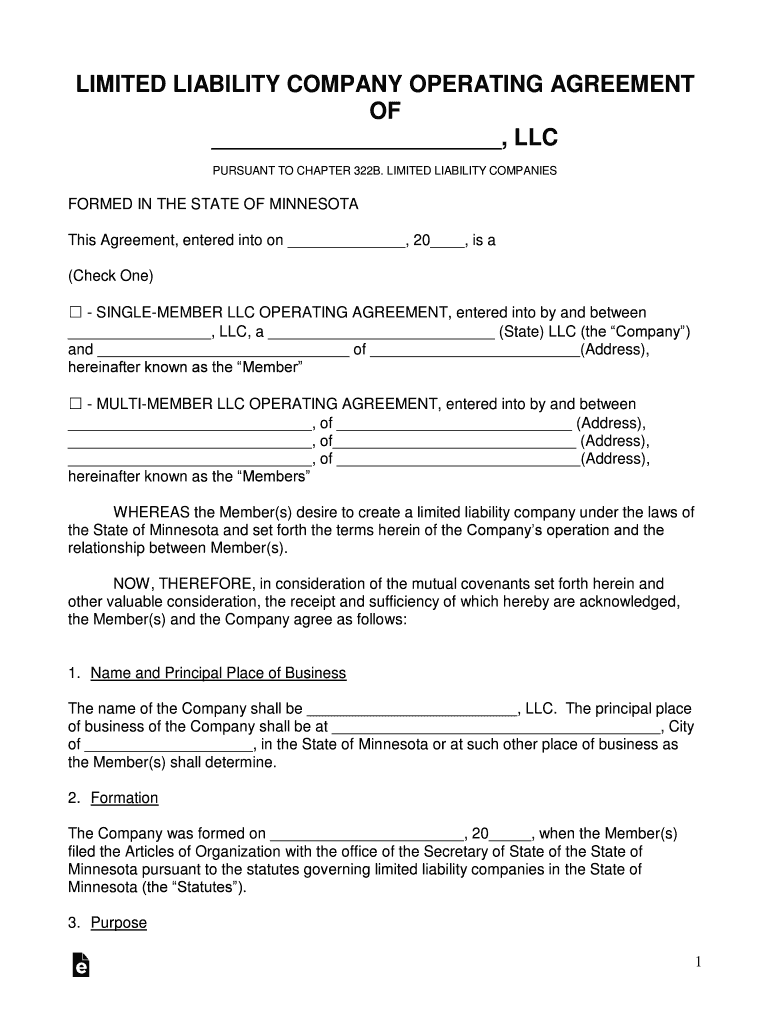 Minnesota LLC Operating Agreement Template  Form