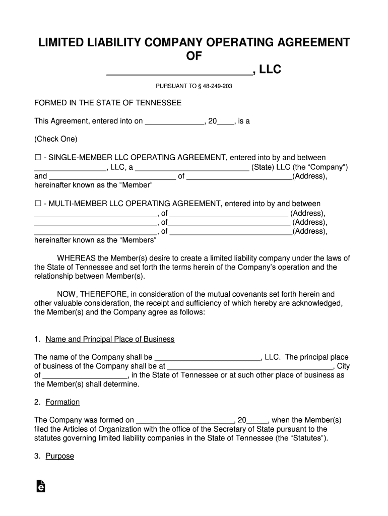 Tennessee LLC Operating Agreement Template  Form