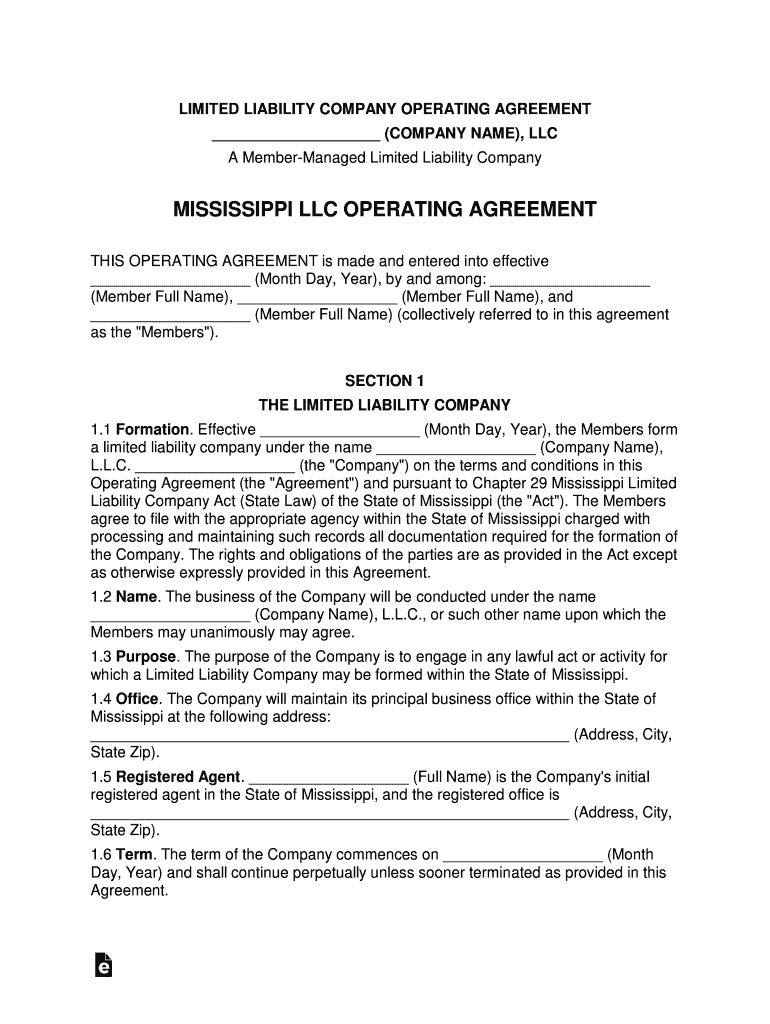 Mississippi Multi Member LLC Operating Agreement Template  Form