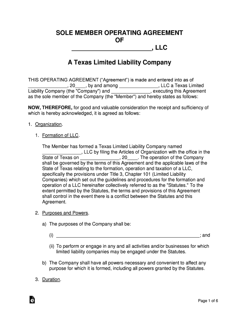 Texas Single Member LLC Operating Agreement  Form