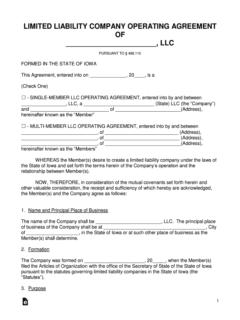 Iowa Operating Agreement  Form