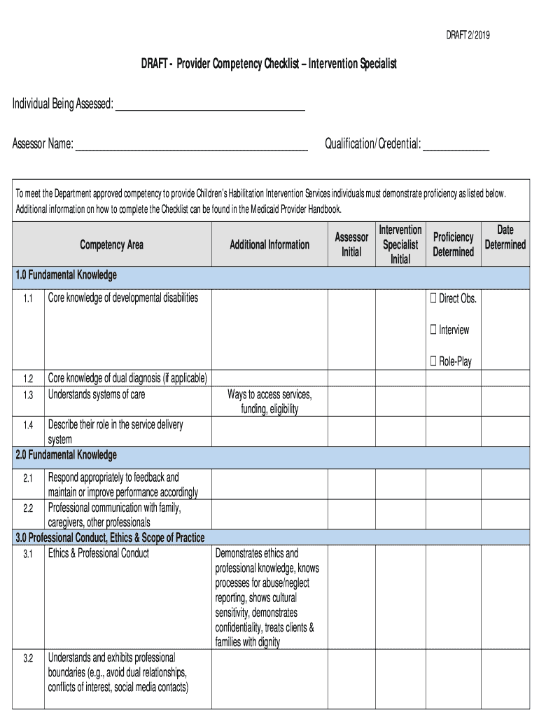 DRAFT Provider Competency Checklist Intervention Specialist  Form