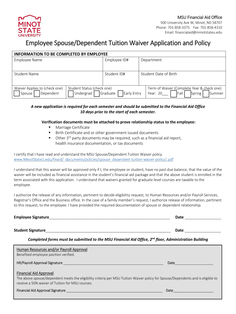Spouse & Dependent Tuition Waiver Form Minot State