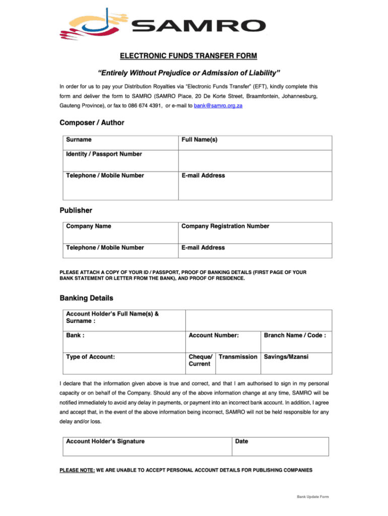 ZA SAMRO Electronic Funds Transfer Form