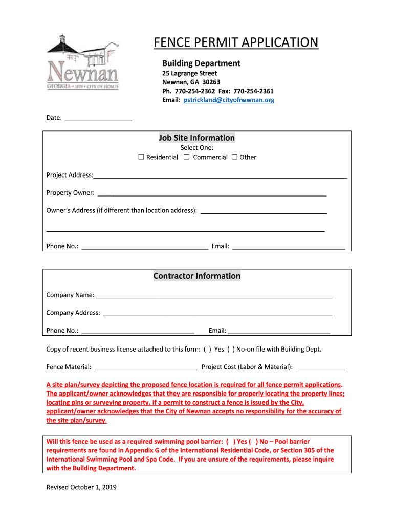 City of Newnan Fence Permit  Form