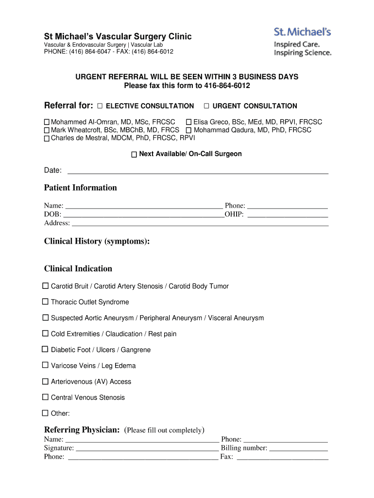St Michael's Vascular Surgery Clinic Referral Form