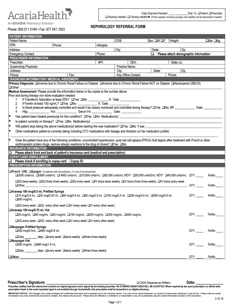 Acaria Health Nephrology Referral Form Nephrology Referral Form