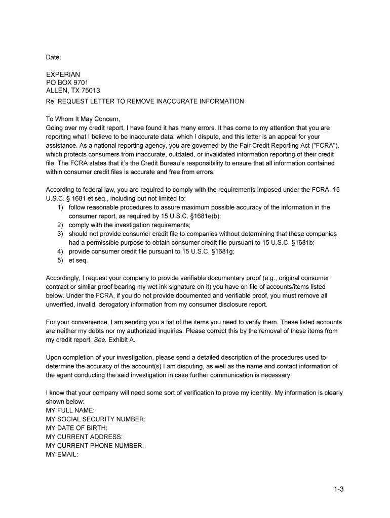Experian Dispute Form Letter
