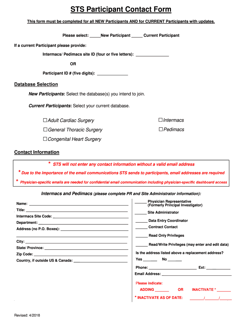  STS Participant Contact FormSTS Society of Thoracic 2018-2024