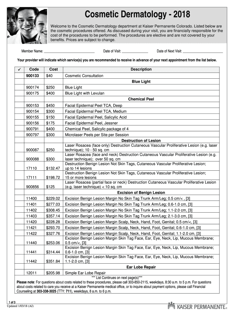 Kaiser Cosmetic Services Price List  Form