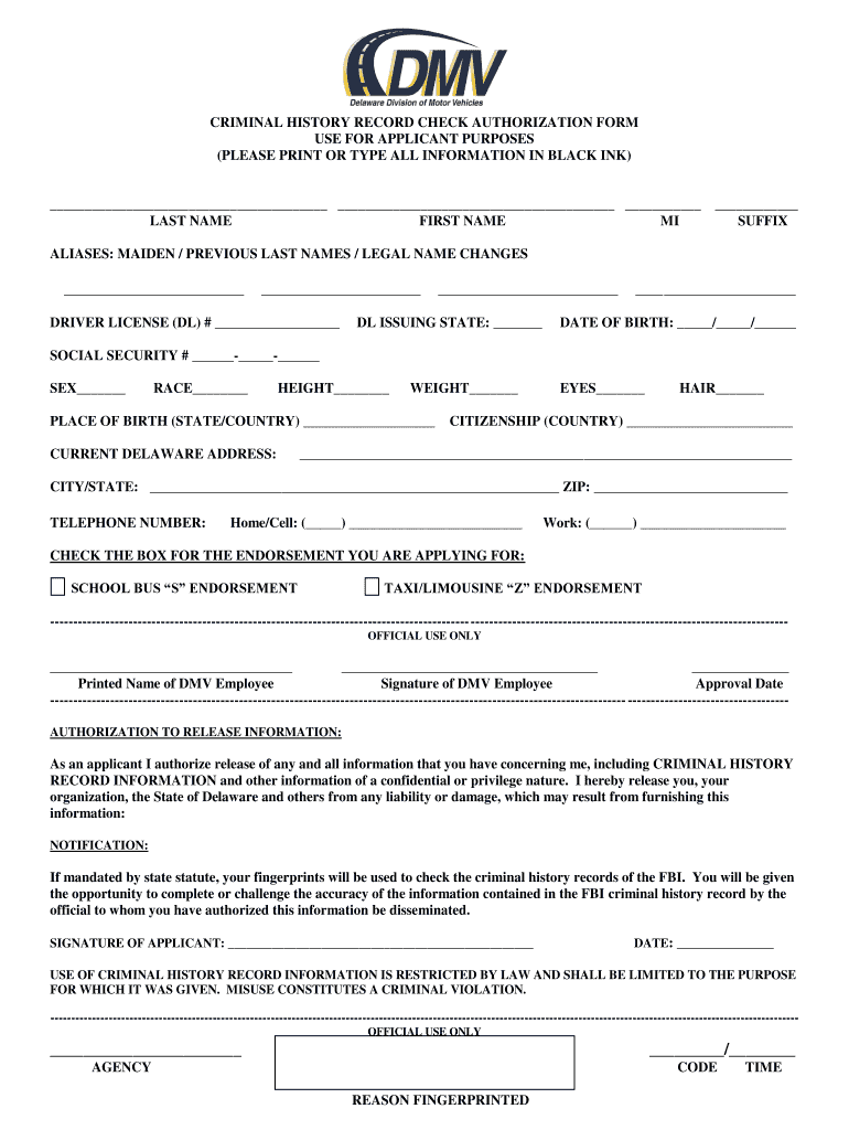Criminal History Record Authorization  Form