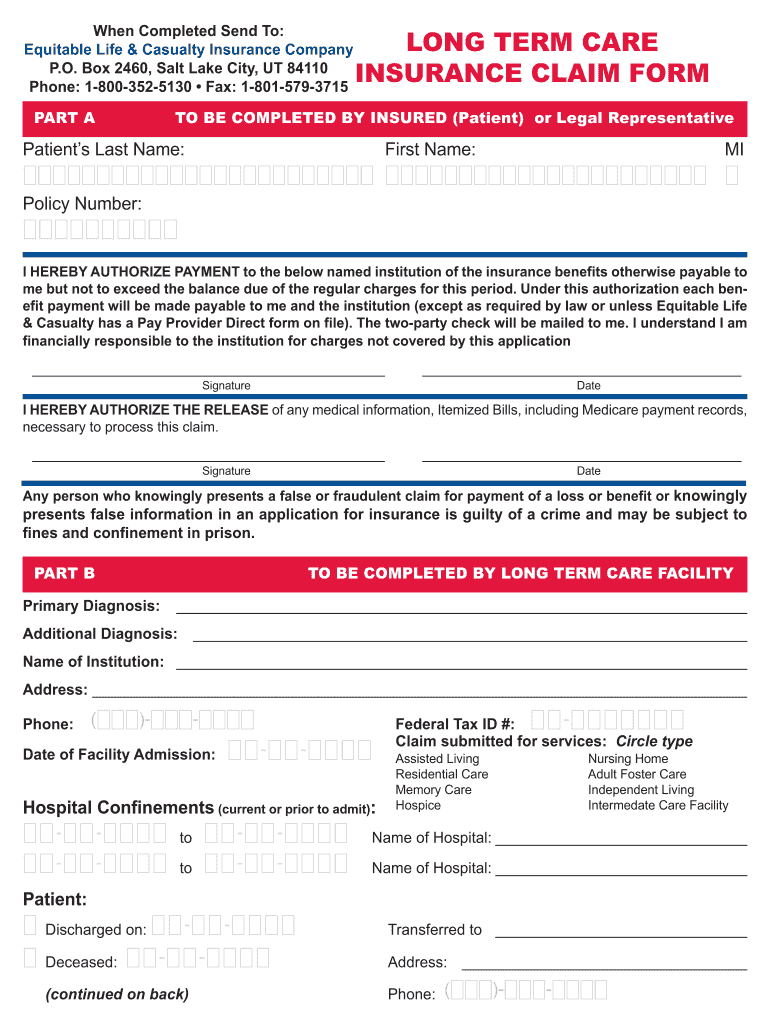 LTC Claim Form Equitable Life &amp;amp; Casualty