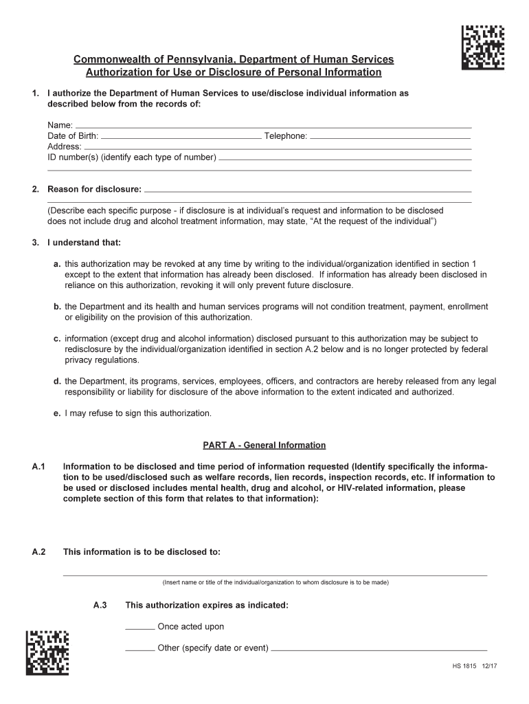 HS 1815 HIPAA Authorization Form PA Department of