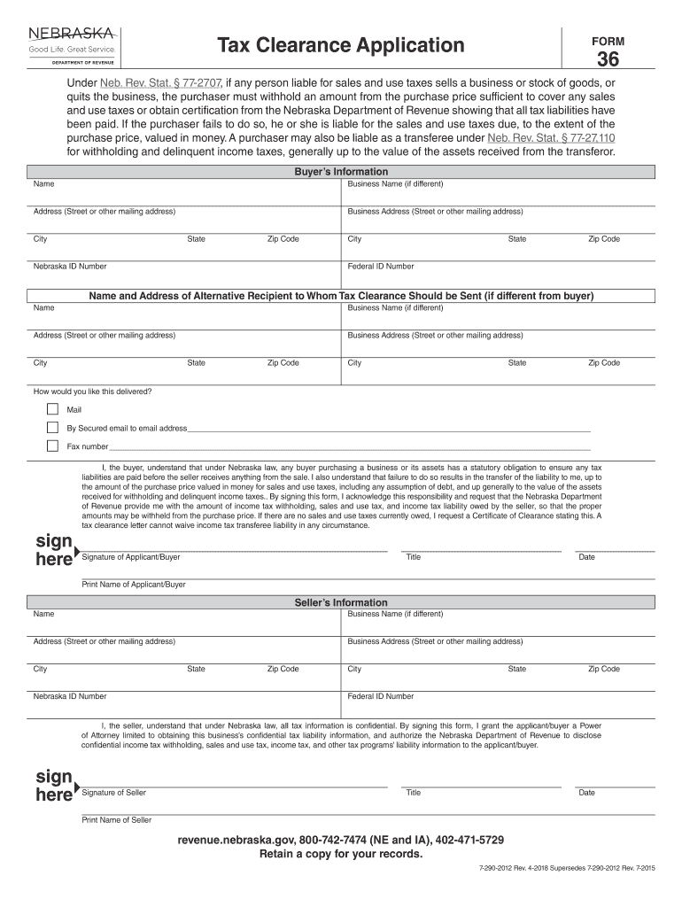 Tax Clearance Application 36 Nebraska Revenue  Form