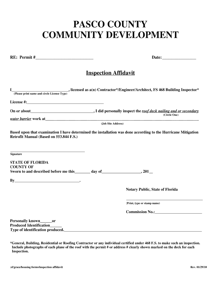 Pasco County Roof Affidavit  Form