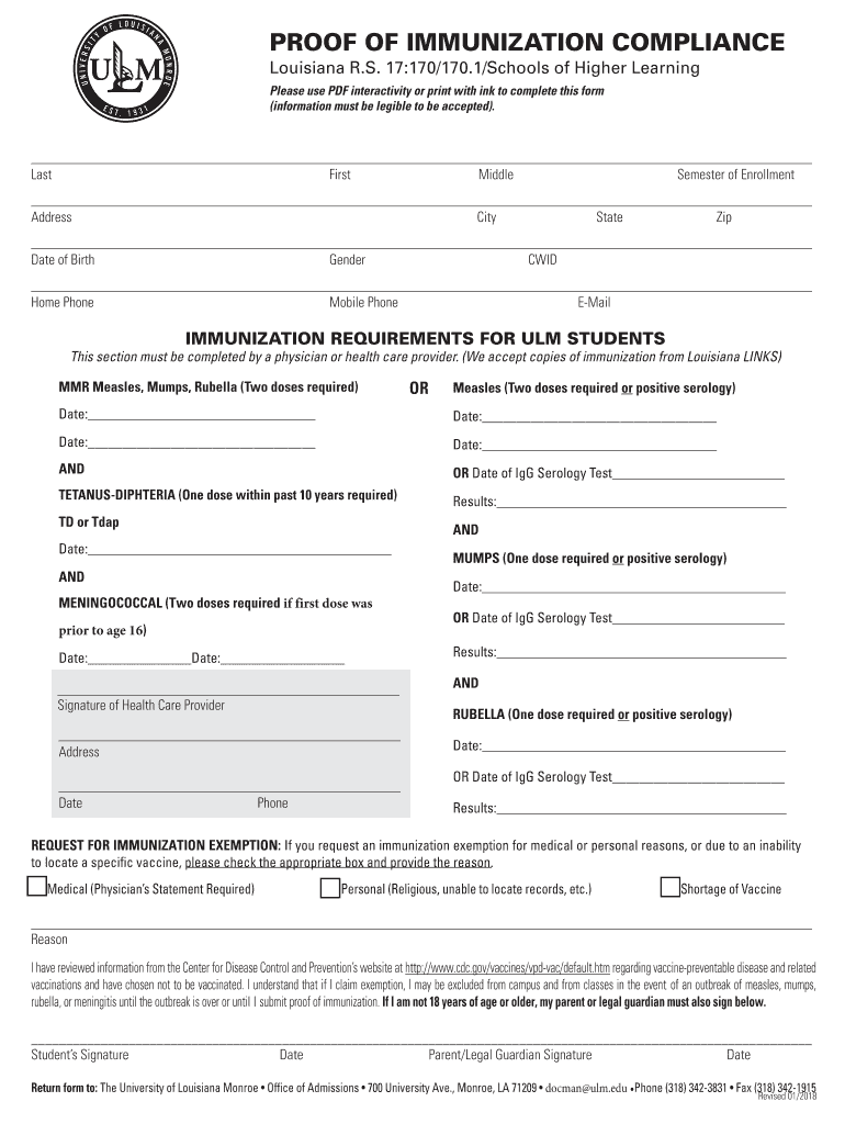 Proof Immunization Compliance  Form