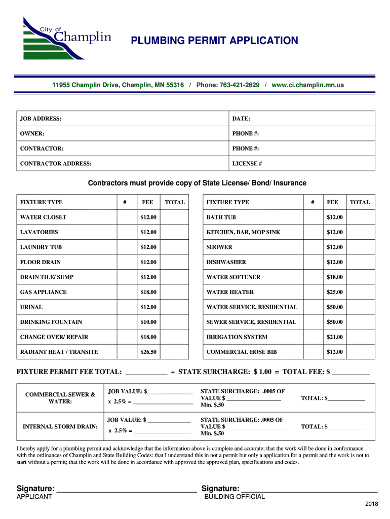 PLUMBING PERMIT APPLICATION Champlin, Minnesota  Form