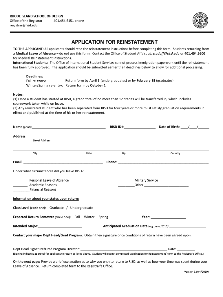Reinstatement Application Office of the RISD Registrar  Form