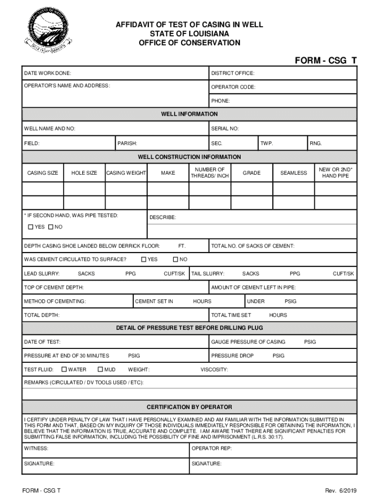  AFFIDAVIT of TEST of CASING in WELL 2019-2024