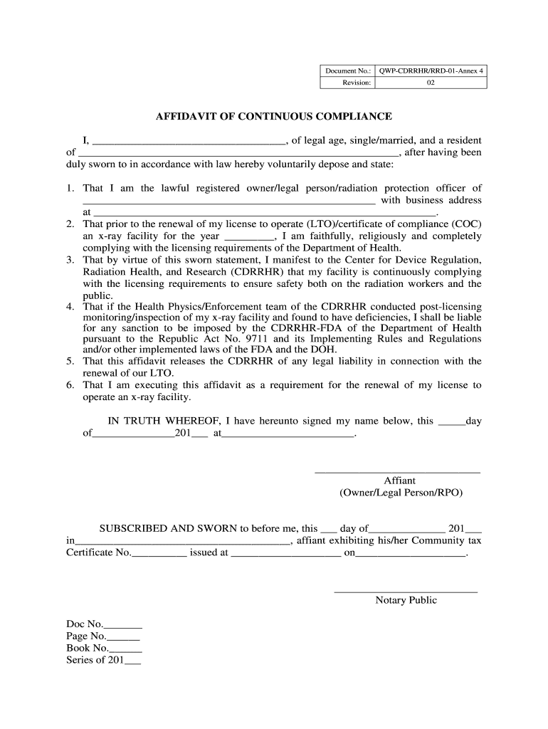  Affidavit of Continuous Compliance Fill Online, Printable 2017-2024