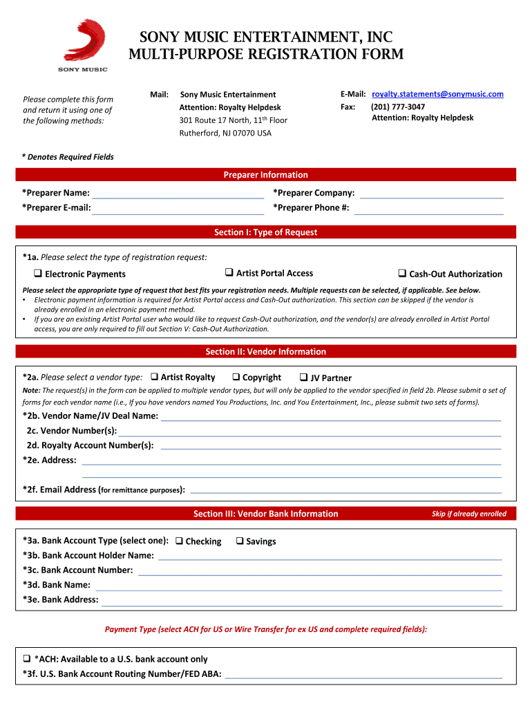 Artist Portal Sony Fill Online, Printable, Fillable, Blank  Form