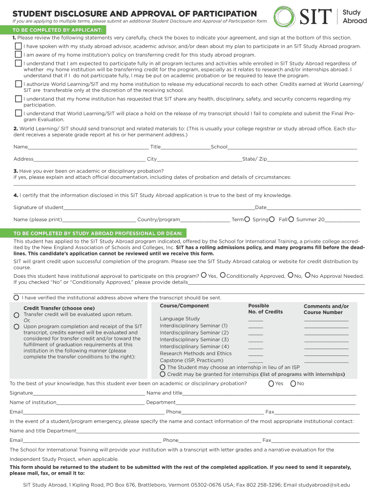 Student Disclosure and Approval of Participation SIT Study  Form