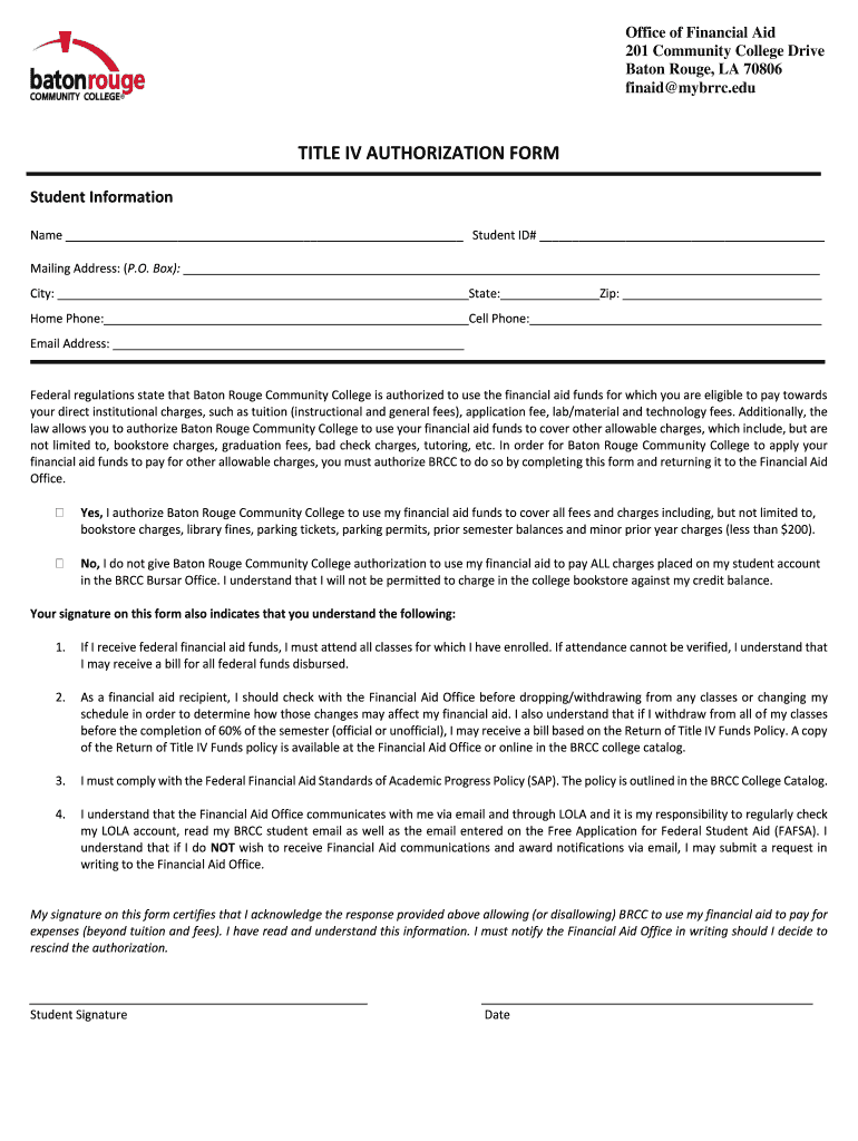 Federal Regulations State that Baton Rouge Community College is Authorized to Use the Financial Aid Funds for Which You Are Elig  Form