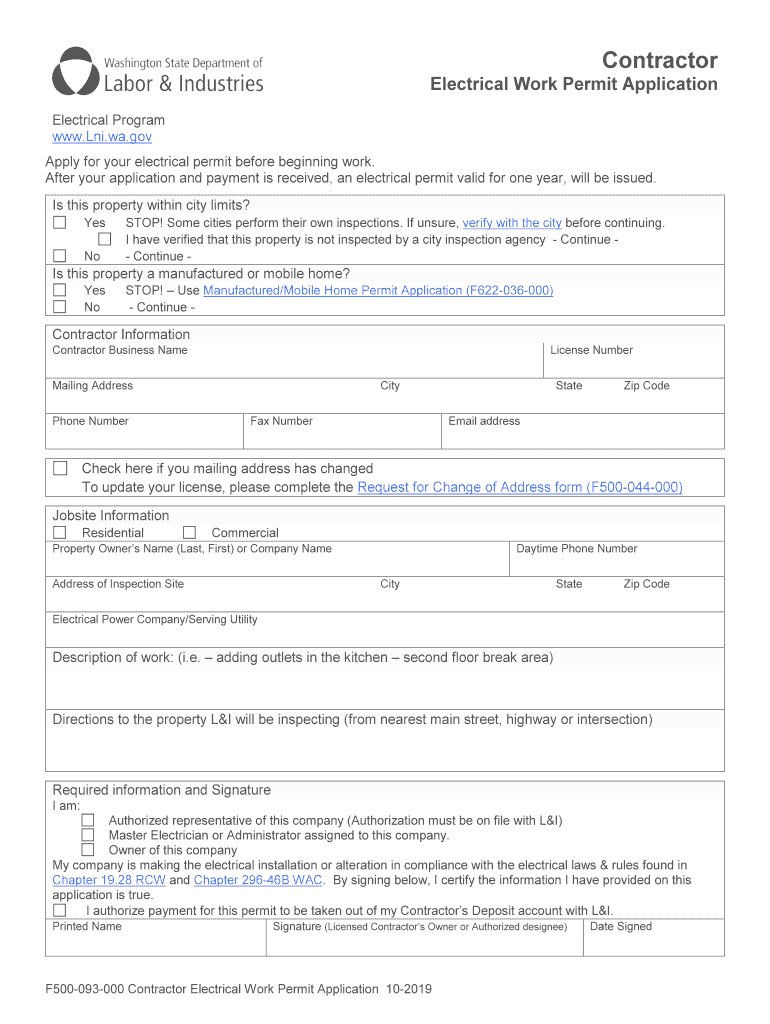  Contractor Electrical Work Permit ApplicationF500 093 000 Contractor Electrical Work Permit ApplicationF500 093 000 2019