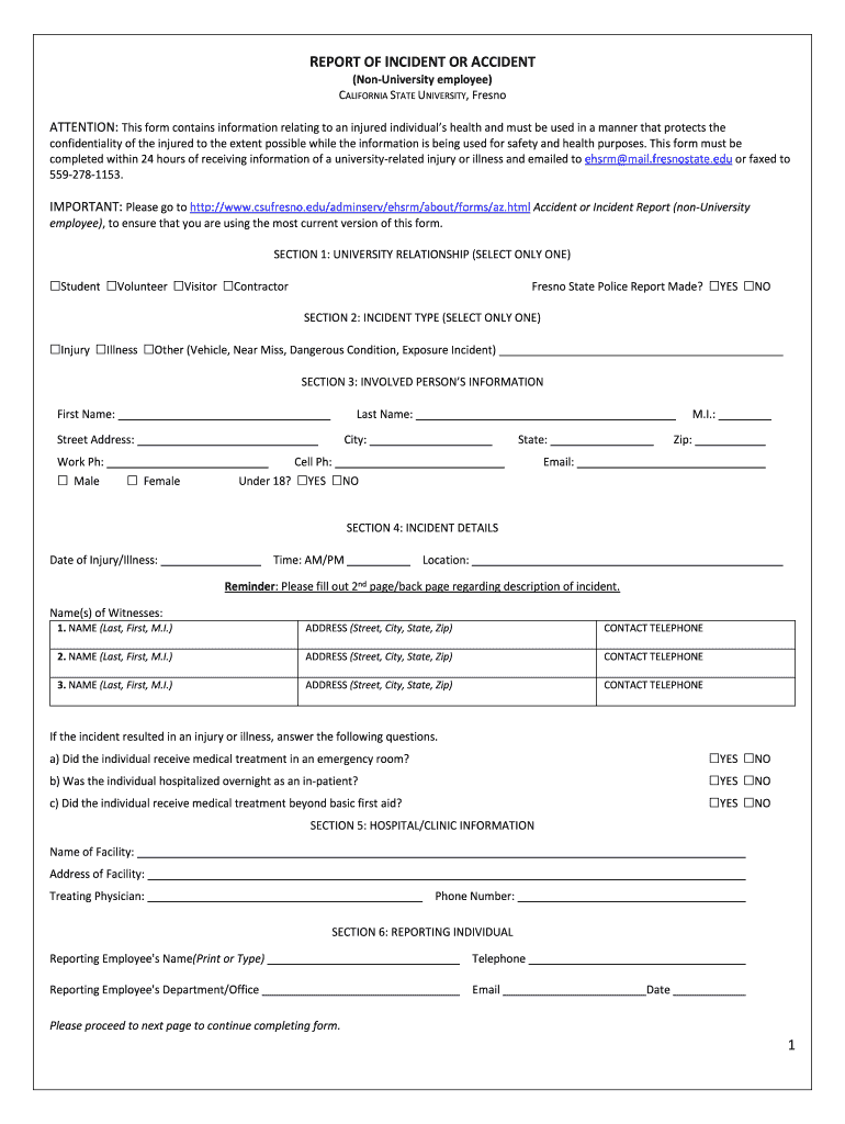 New CSUF Report of Accident or Incident Fresno State  Form