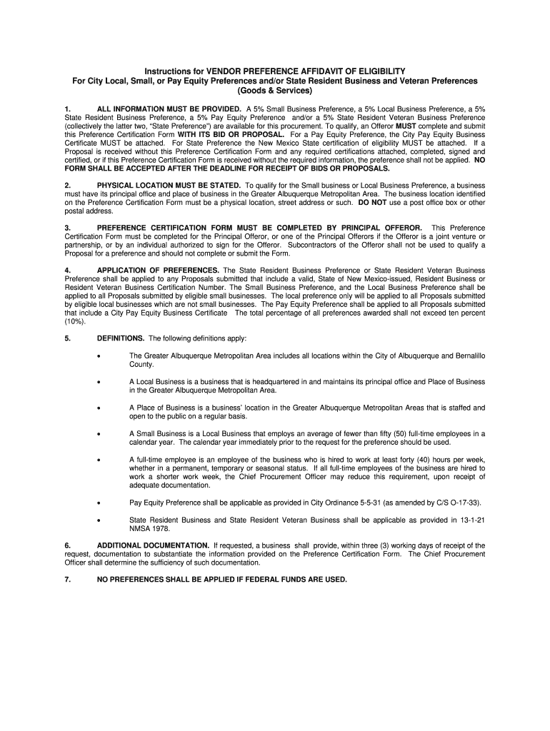 Vendor Preference Affidavit of Eligibility City of Albuquerque  Form