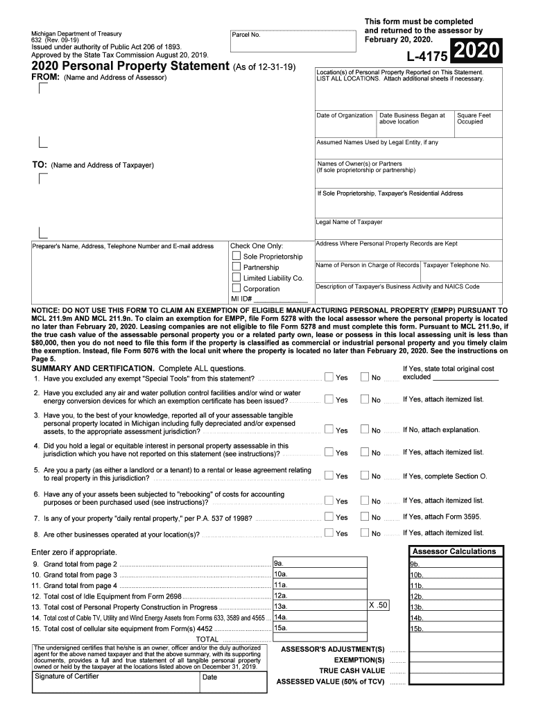  632, Personal Property Statement as of 12 31 19 L 4175 632, Personal Property Statement as of 12 31 19 L 4175 2019