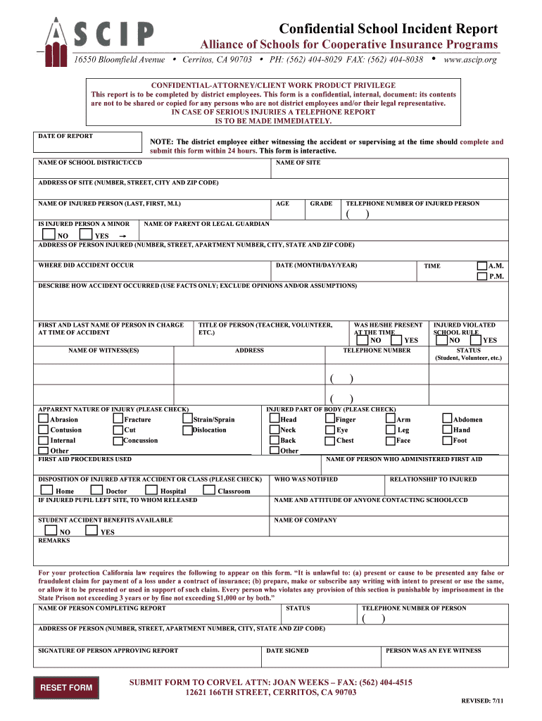  Confidential School Accident Report Alliance of Schools 2011